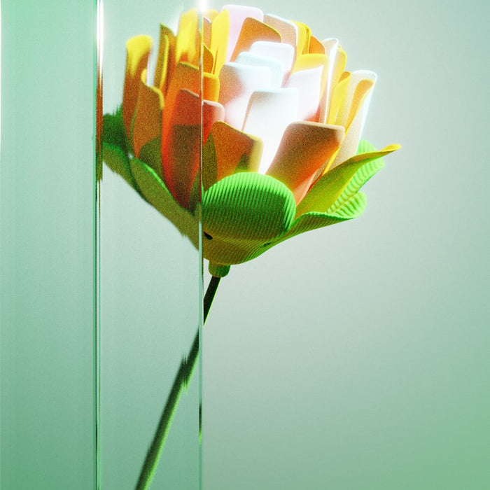 Een 3D geprinte bloem in geel en groen